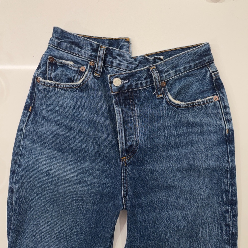 Agolde Criss Cross Straight Jeans Range Wash Size 24 High Rise Asymmetric Dark